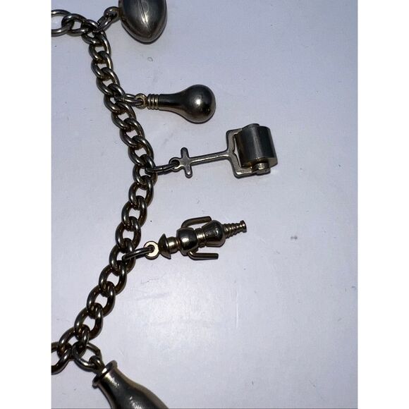 Vintage Charm Bracelet 11 Charms Travel Lamp Mower Football Telephone Light Bulb - Picture 5 of 7